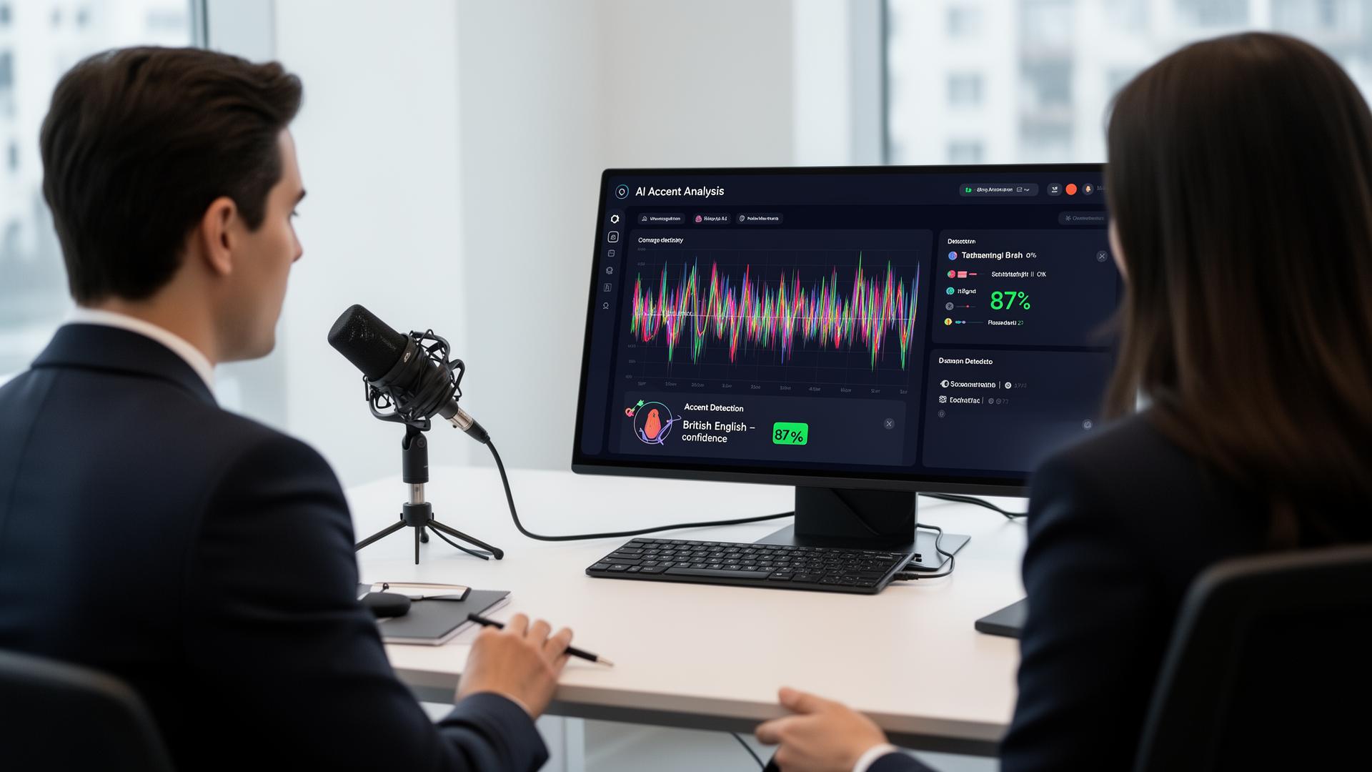 Professional using AI accent detector on a laptop to analyze and change accent during an online meeting