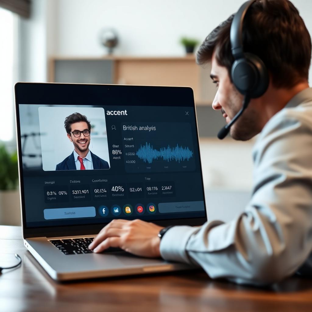 Professional using AI accent guesser on a laptop to guess and change accent during an online meeting