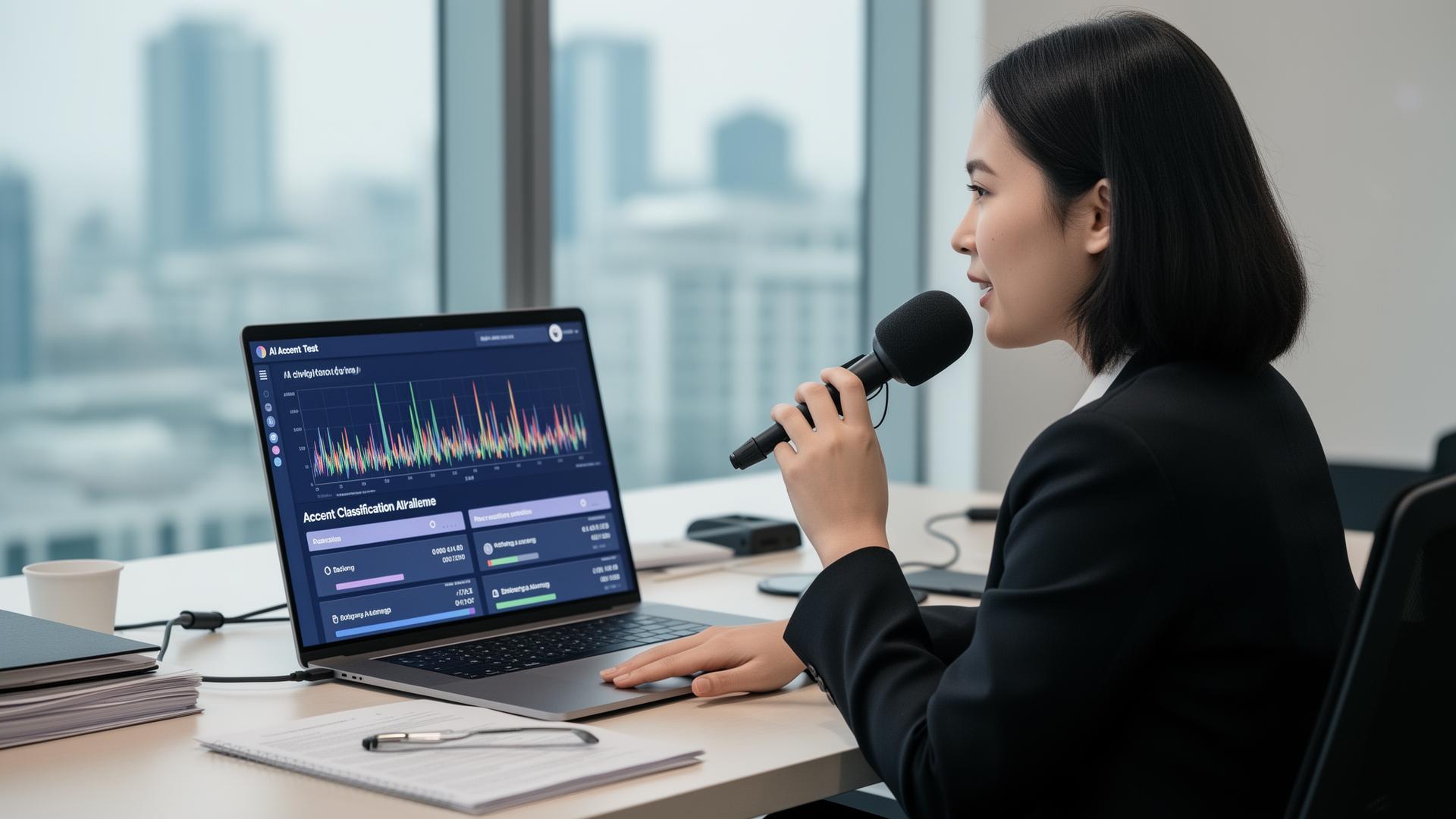 Professional taking an AI accent test on a laptop with accent analysis dashboard showing real-time results
