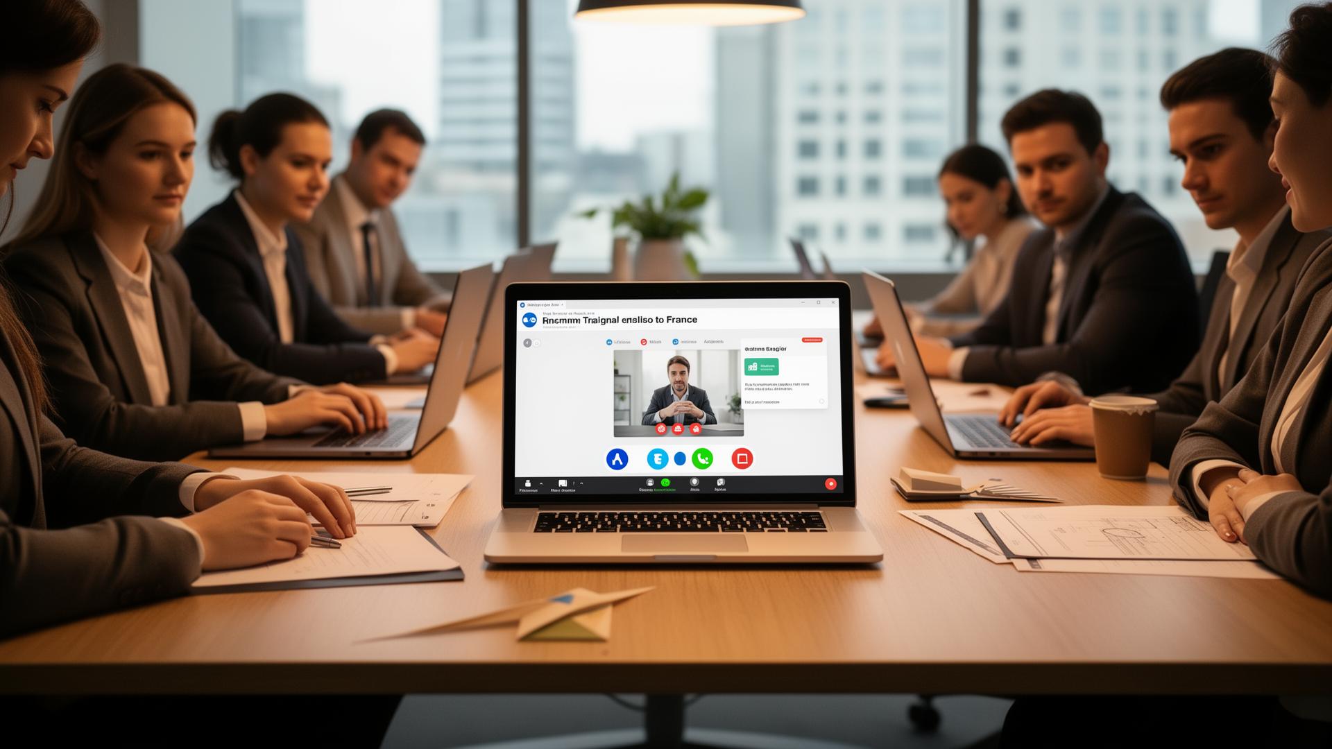 Professional using real-time French translation during an online meeting with French-speaking clients on a laptop