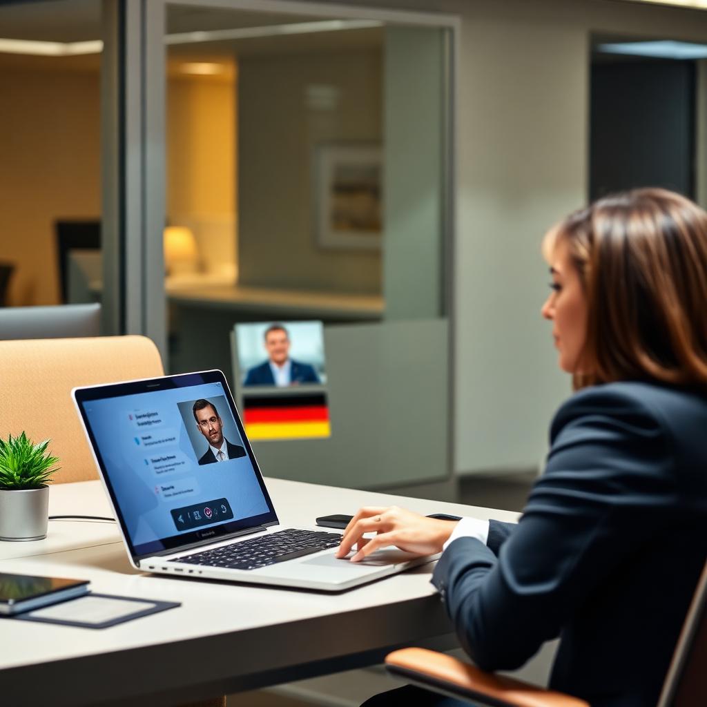 Professional using real-time Deutsch translation during an online meeting with German-speaking clients