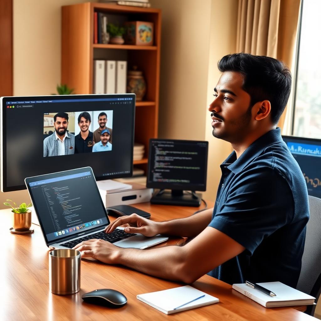 Indian software engineer in a Bengaluru home office speaking on a Zoom call from a MacBook while Utell AI applies real-time Indian-to-Standard-American voice accent conversion