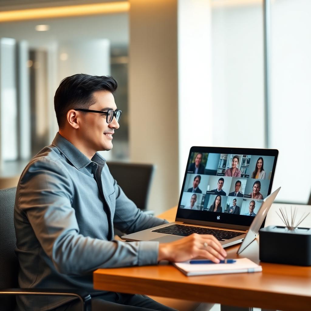 Professional using real-time Indonesia translation during an online meeting with Indonesian-speaking clients on a laptop