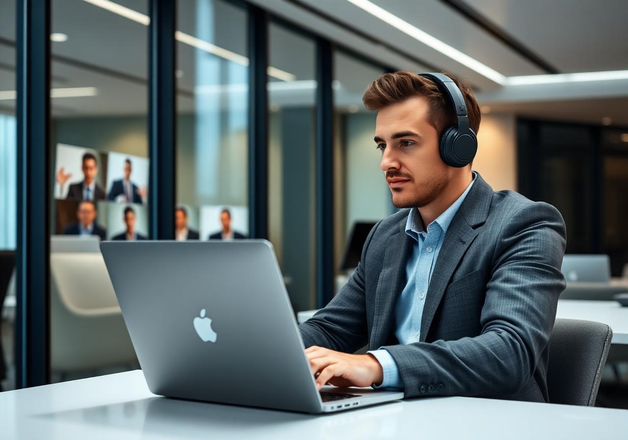 Italian professional on a MacBook in an online meeting with real-time Italian accent to Standard English voice accent conversion