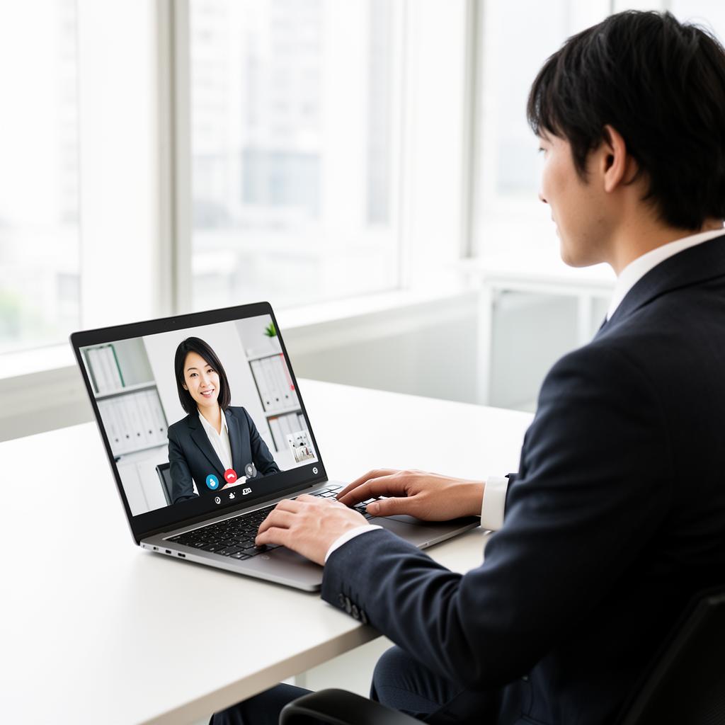 Business professional using real-time Japanese translation during an online meeting on a laptop