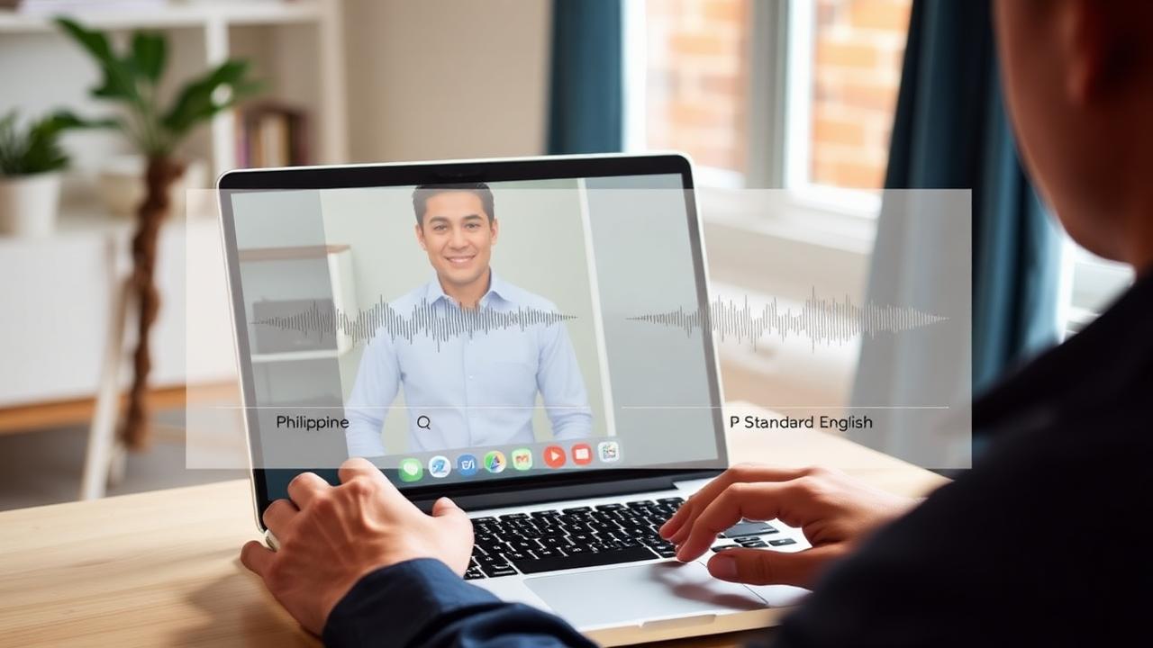 Filipino professional on a MacBook in an online meeting with real-time Philippine accent to Standard English voice accent conversion