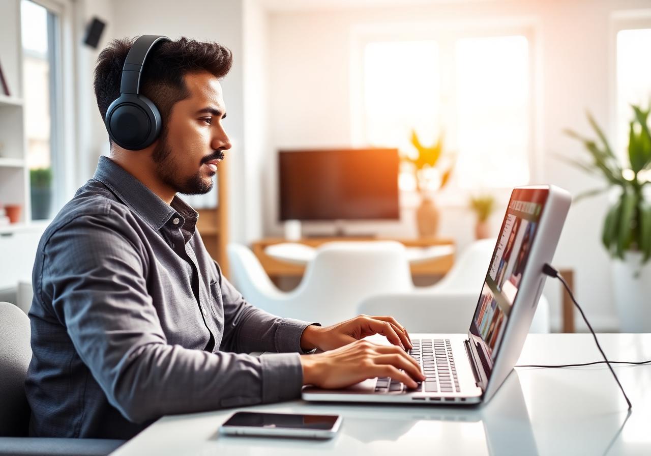 Portuguese professional on a MacBook in an online meeting with real-time Portuguese accent to Standard English voice accent conversion