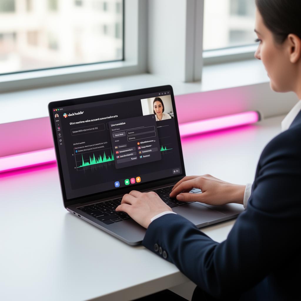Real-time voice accent conversion and live translation during a Slack huddle on a laptop