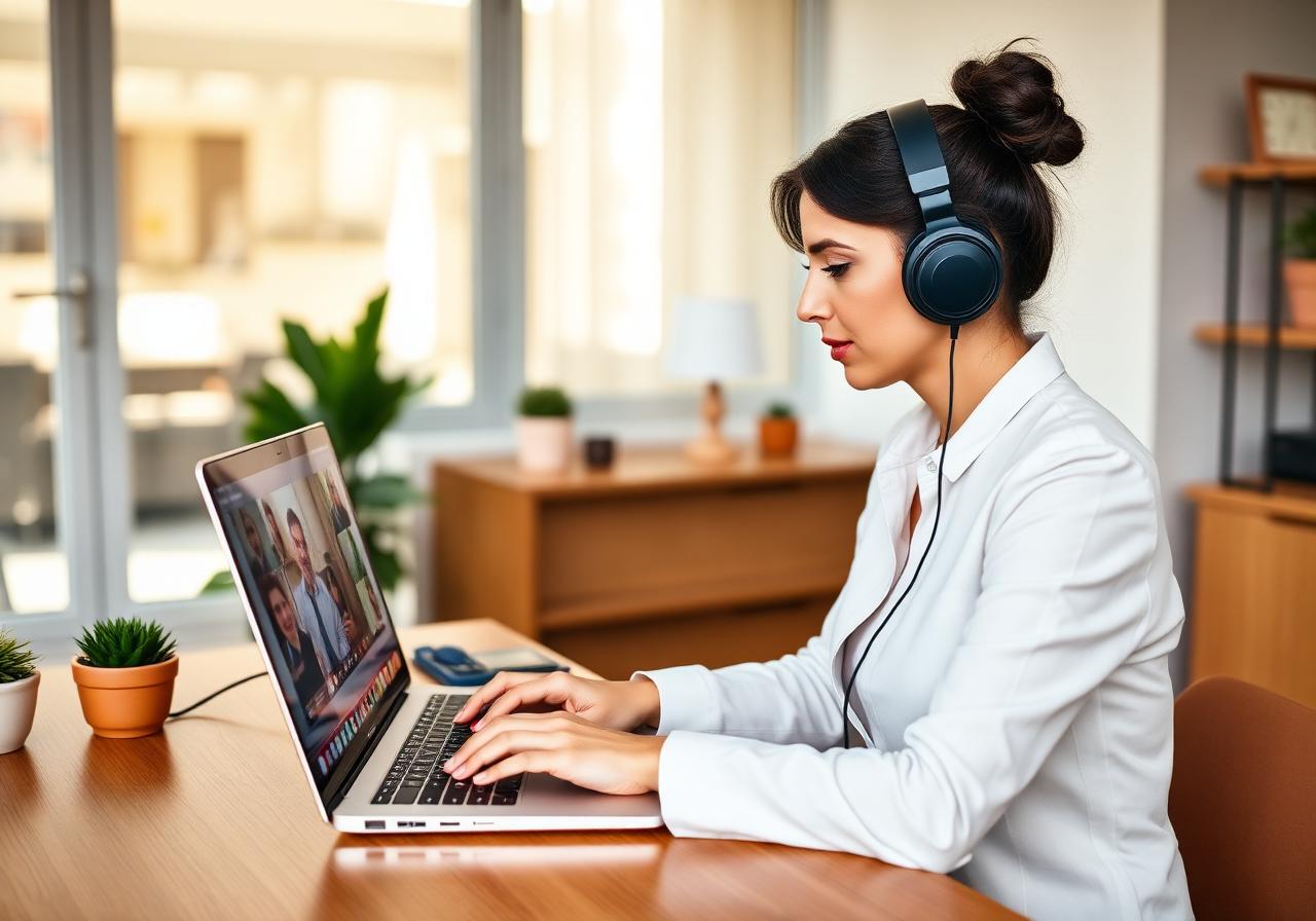 Spanish professional on a MacBook in an online meeting with real-time Spanish accent to Standard English voice accent conversion