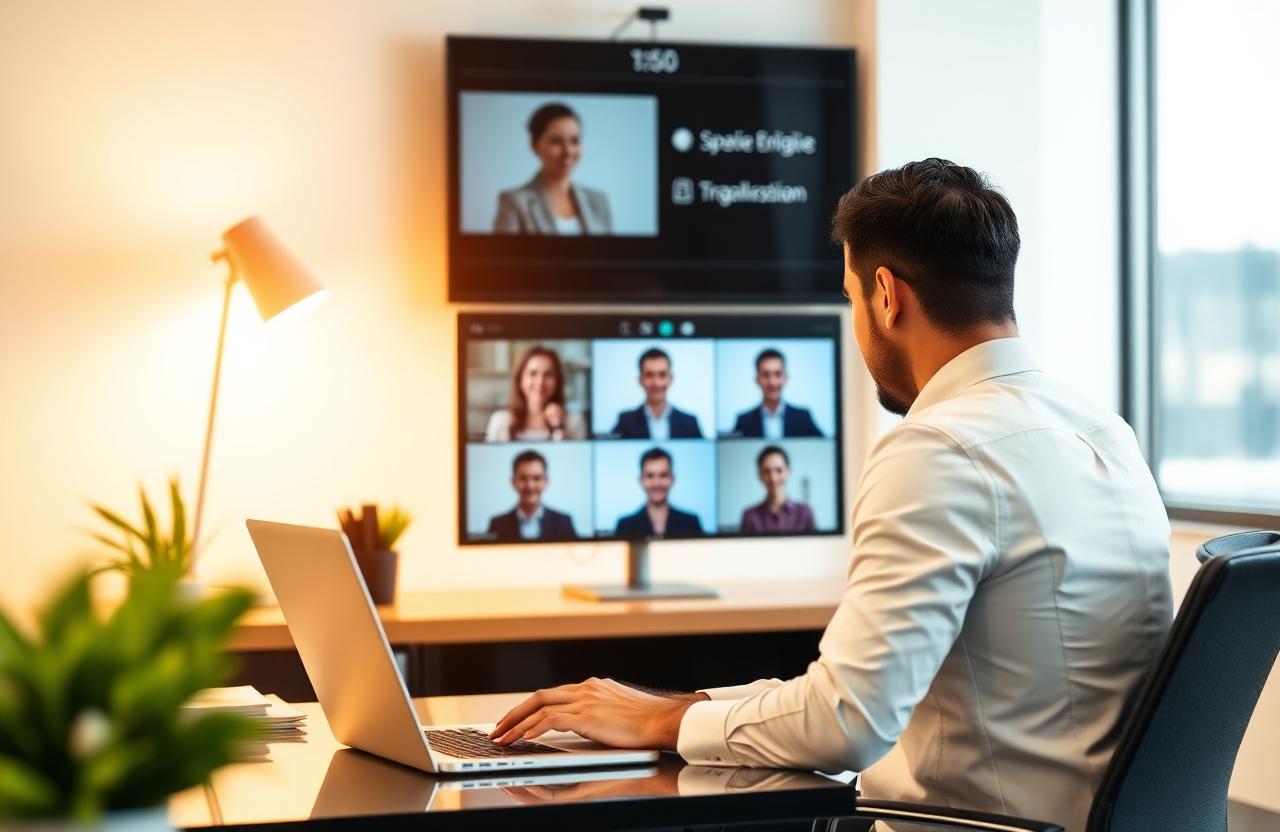 Profesional usando traducción automática en tiempo real durante una videoconferencia