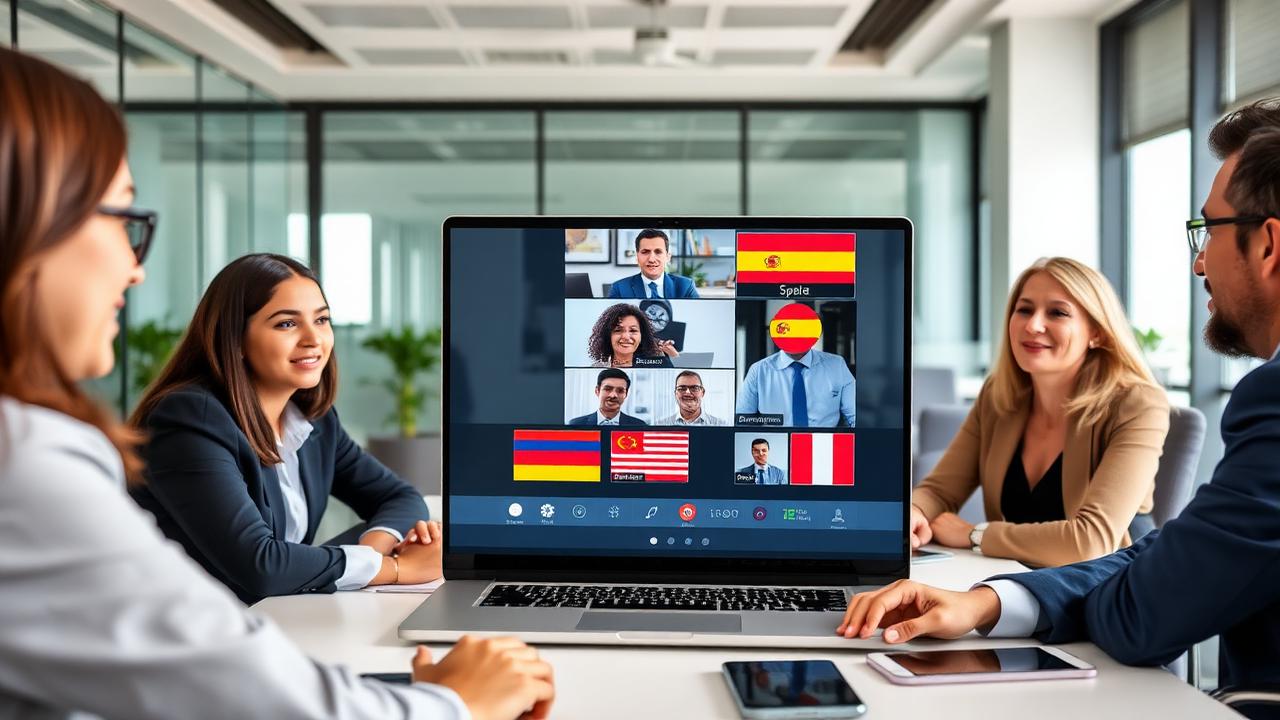 Business professional using real-time Portuguese translation during video call