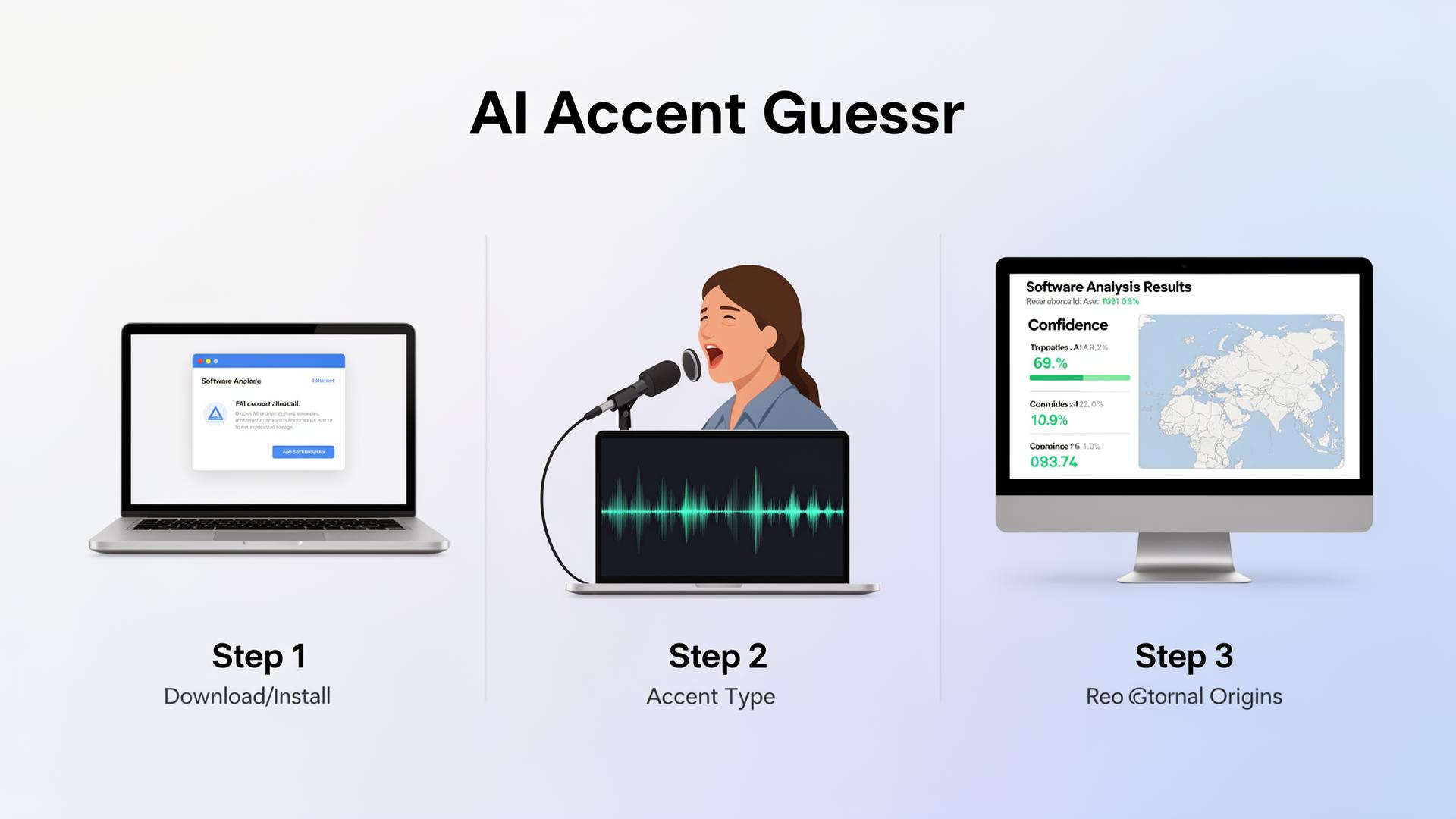 Three-step infographic showing how Utell AI accent guesser works: download, speak, and change your accent