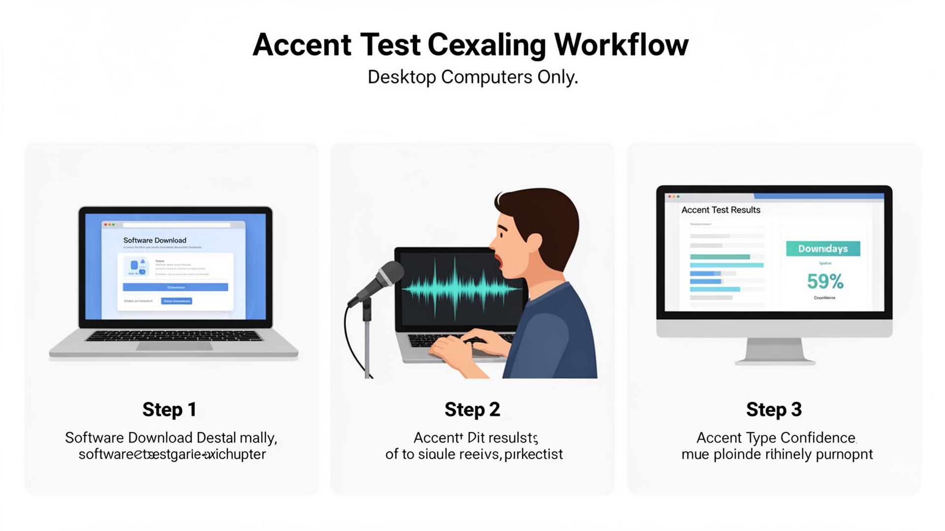 Three-step accent test process: Download Utell AI, speak into laptop microphone for accent detection, view accent test results and enable real-time accent conversion