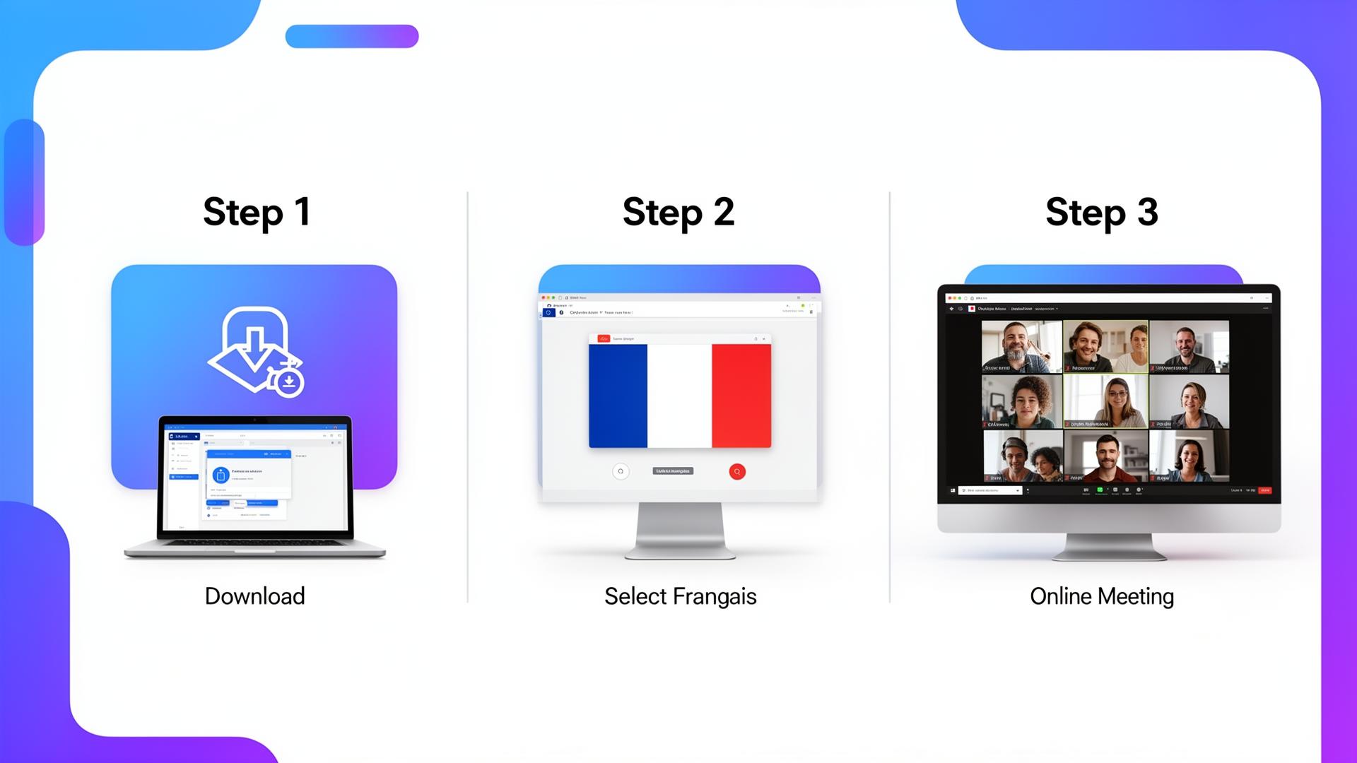 Three-step process: Download Utell AI, Select Français, Start your online meeting with live translator