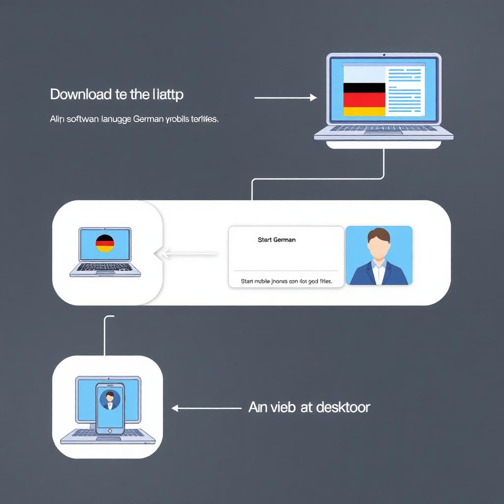 Three-step process: Download Utell AI, Select Deutsch, Start your online meeting with live translator