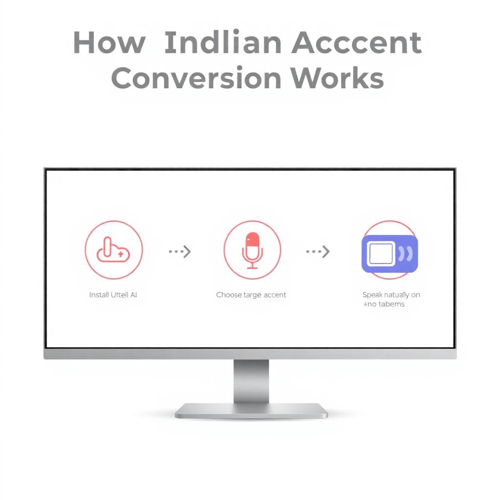Three-step desktop infographic: install Utell AI, choose target accent, swap the microphone inside Zoom