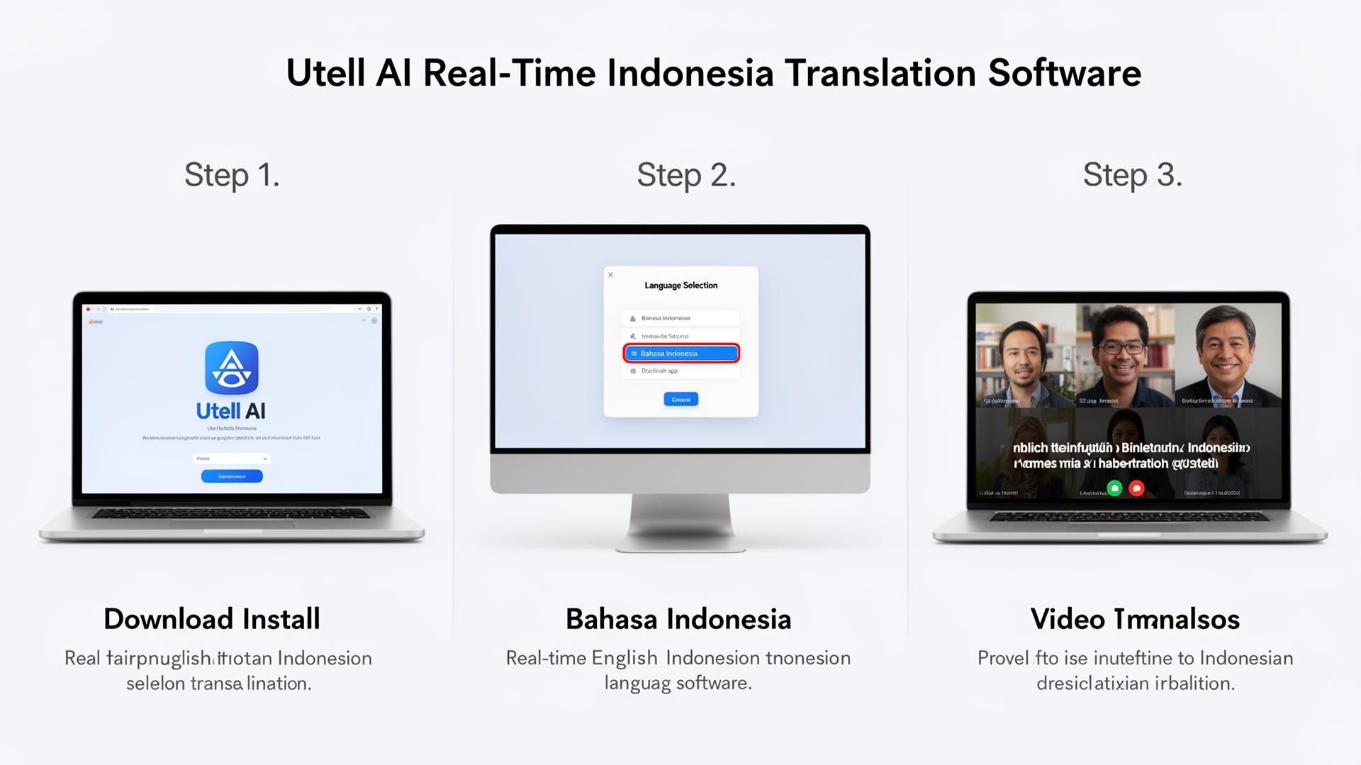 Three-step process: Download Utell AI, Select Bahasa Indonesia, Start your online meeting with live translator