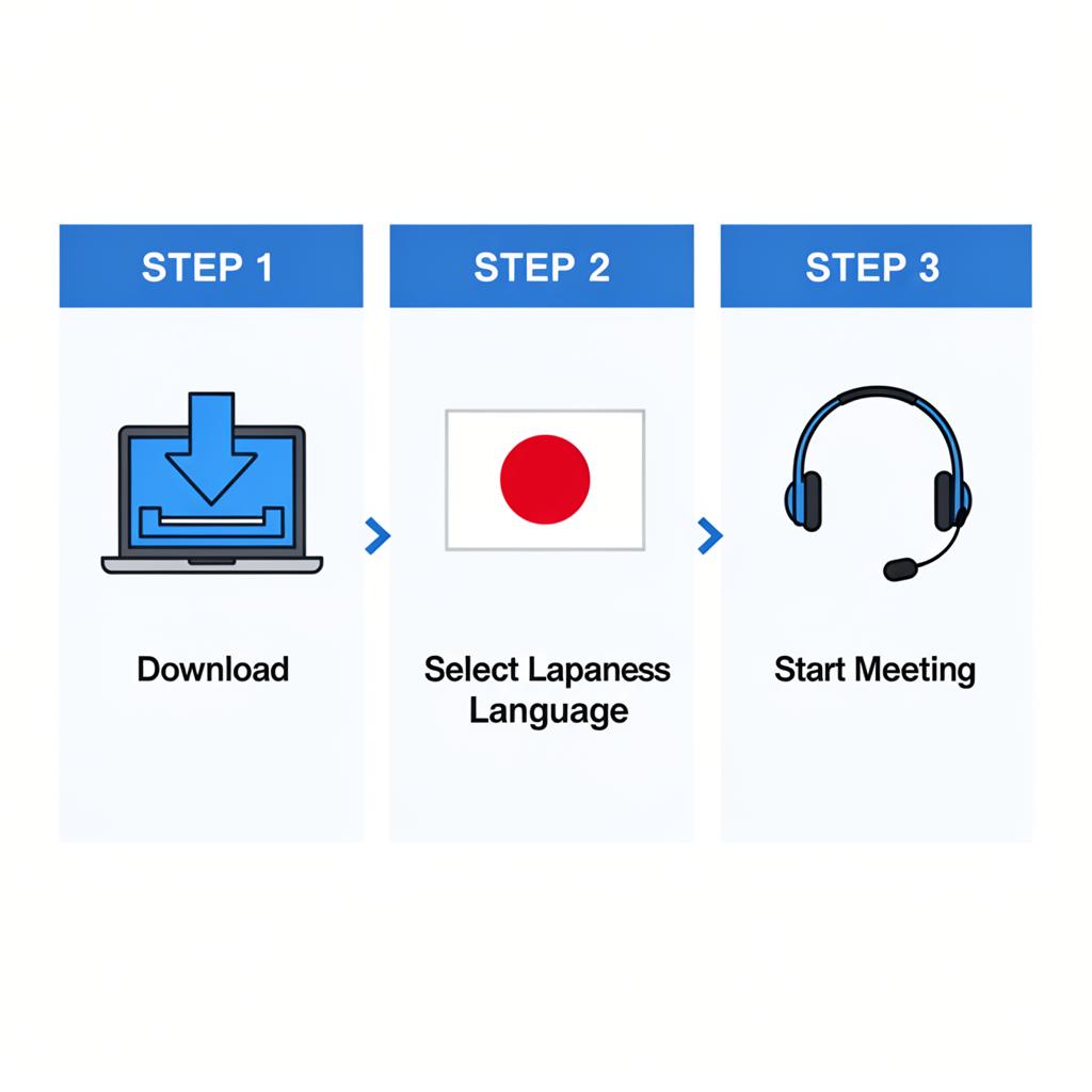 Three-step process: Download Utell AI, Select Japanese, Start your online meeting