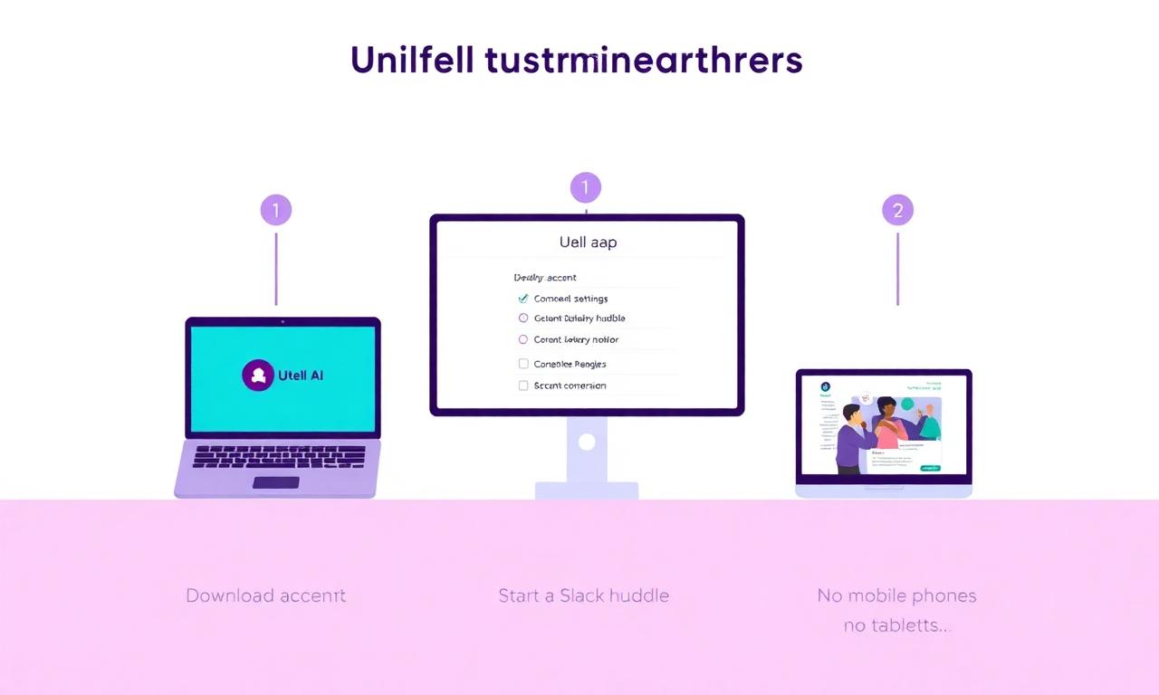 Three-step process: Download Utell AI, Configure Accent Settings, Start Slack huddle with real-time voice accent conversion