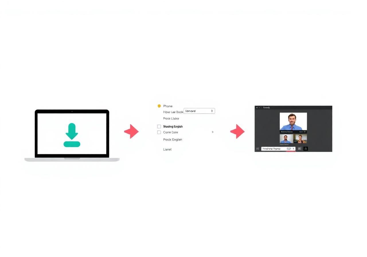 Three-step process: Download Utell AI, pick standard English target, start online meeting with real-time Spanish accent conversion