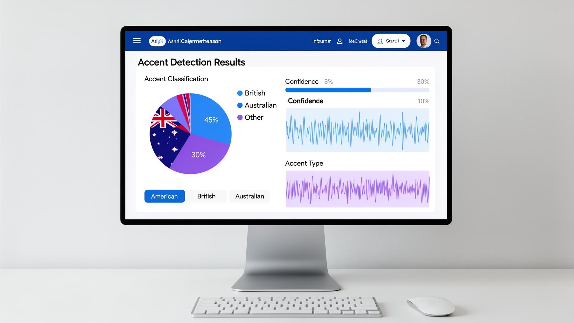 Desktop monitor displaying AI accent detection results dashboard with accent classification and confidence scores
