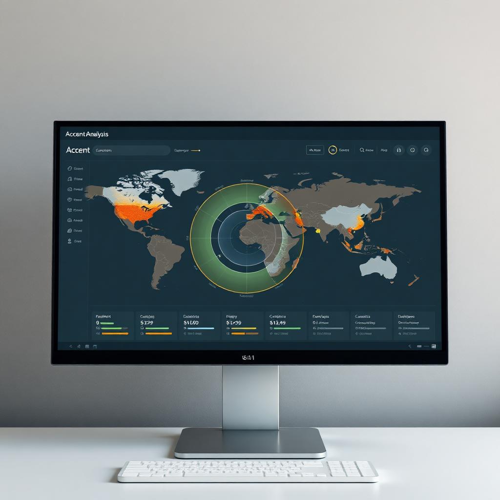 Desktop monitor displaying AI accent guesser radar chart with geographic accent origin map and confidence scores