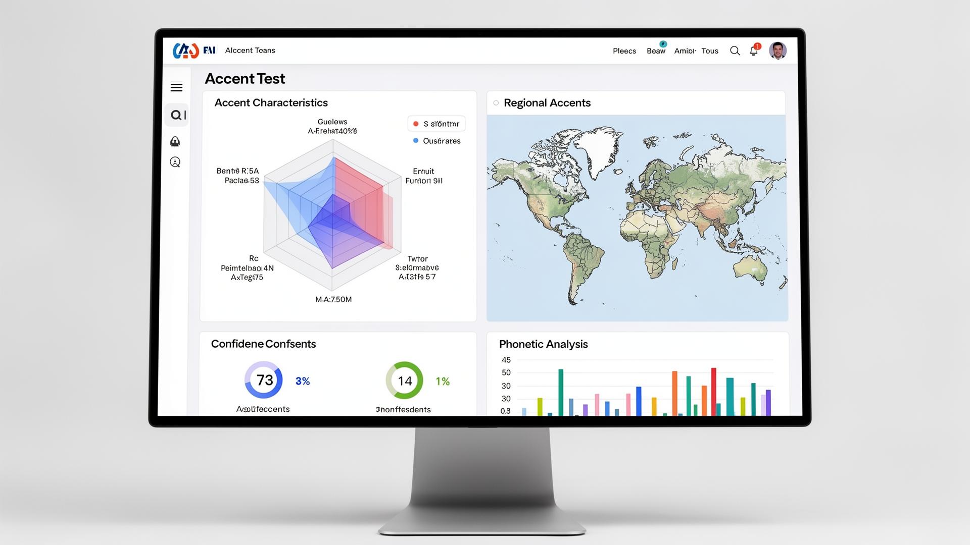 Desktop monitor displaying AI accent test results with radar chart, regional accent map, and confidence scores