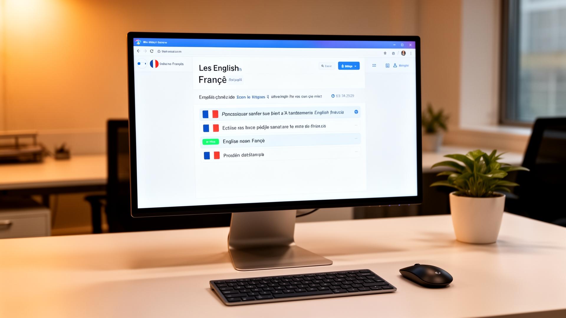 Desktop monitor displaying real-time English to French translation interface in a professional office