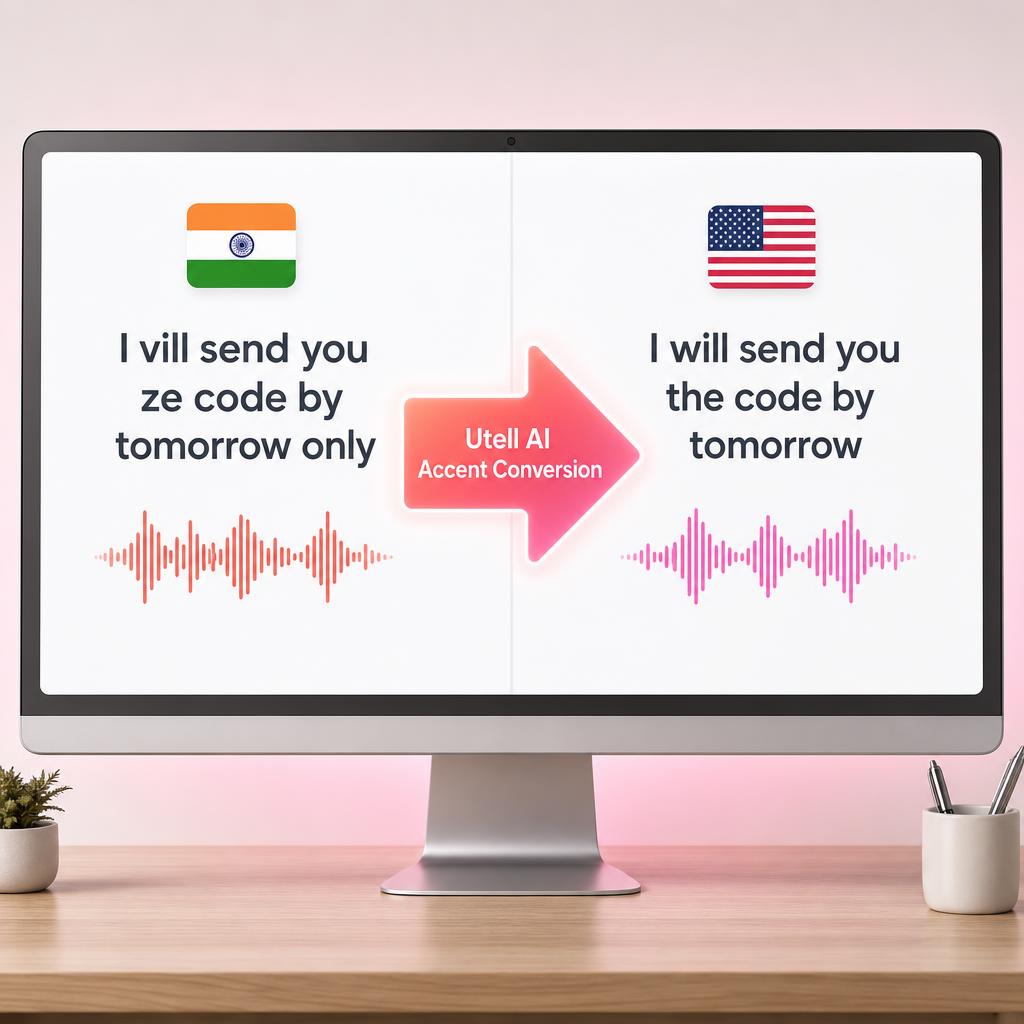 Split-screen monitor showing Indian-accented English ('I vill send you ze code by tomorrow only') being rewritten by Utell AI into Standard American English ('I will send you the code by tomorrow')