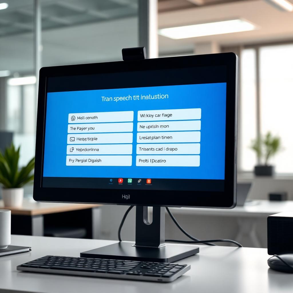 Desktop monitor displaying real-time English to Indonesian translation interface in a professional office