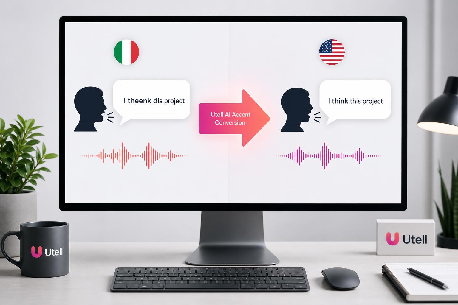 Split-screen desktop monitor infographic showing Italian-accented English ('I theenk dis project') being converted by Utell AI into standard American English ('I think this project') with Italian and US flag icons