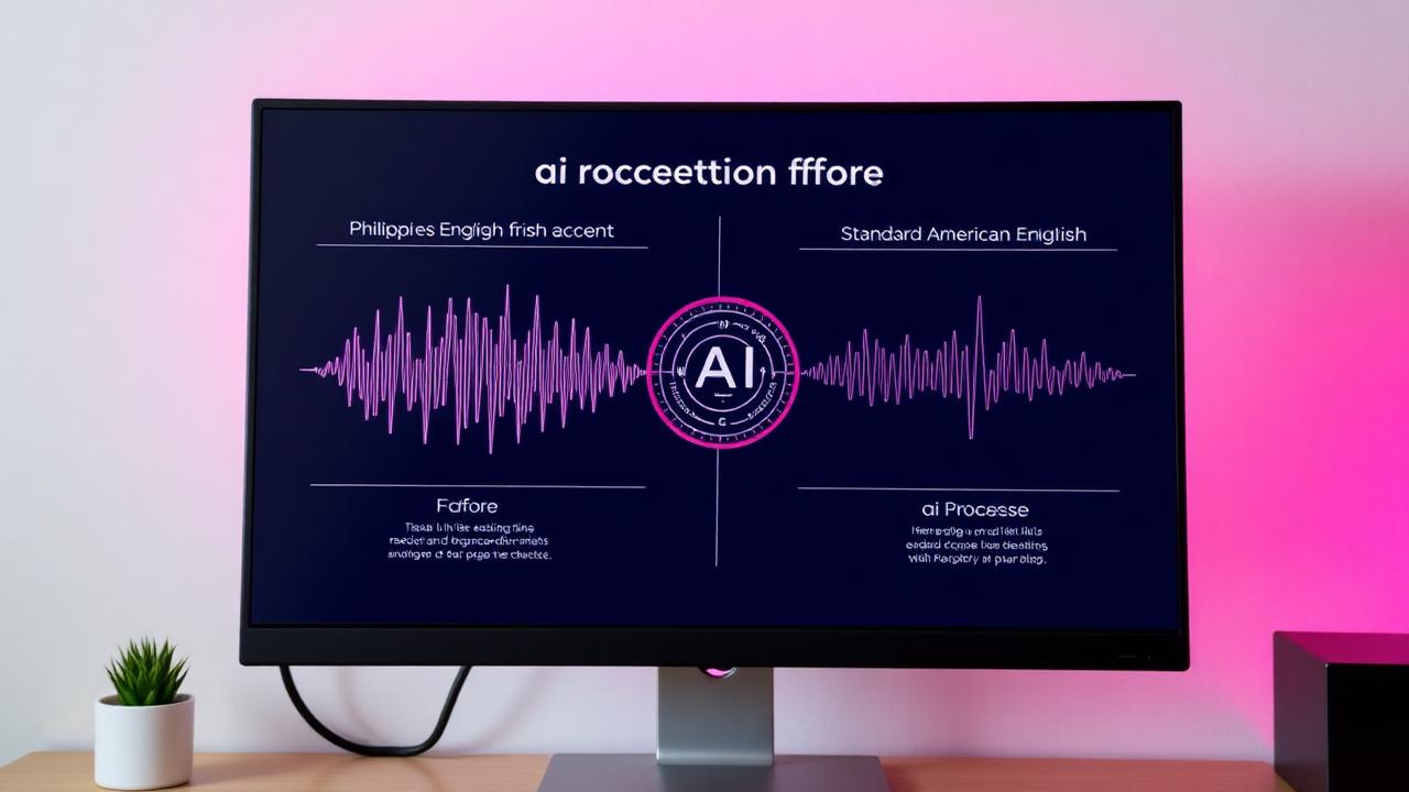 Desktop monitor showing AI voice accent conversion transforming a Philippine English waveform into a Standard American English waveform