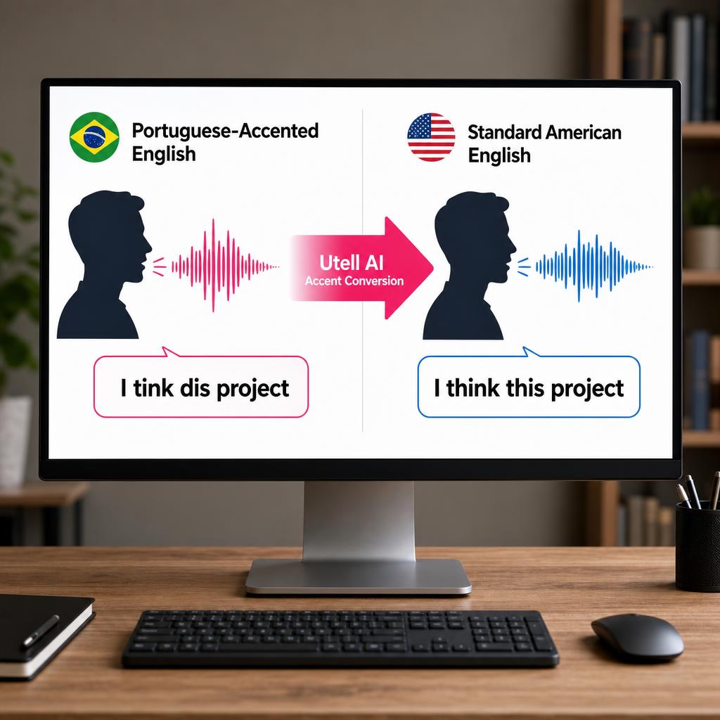 Desktop monitor showing AI voice accent conversion transforming a Portuguese-accented English waveform into a Standard American English waveform