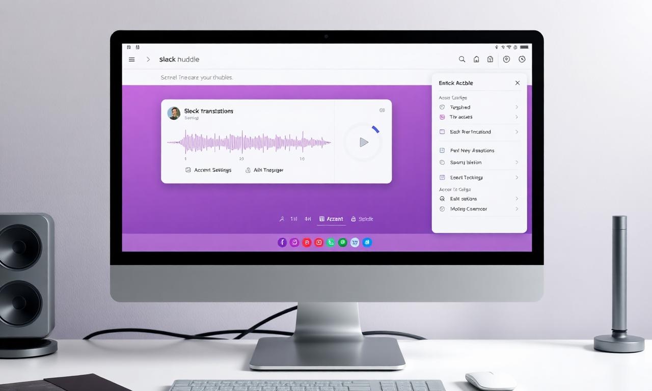 Desktop monitor displaying voice accent conversion and real-time translation interface for Slack huddles