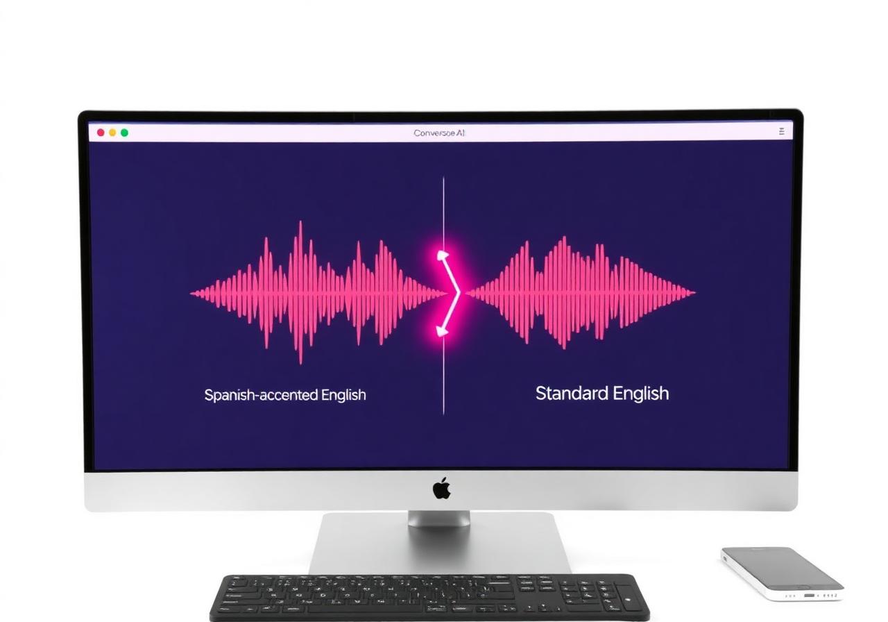 Desktop monitor showing AI voice accent conversion transforming a Spanish-accented English waveform into a Standard American English waveform
